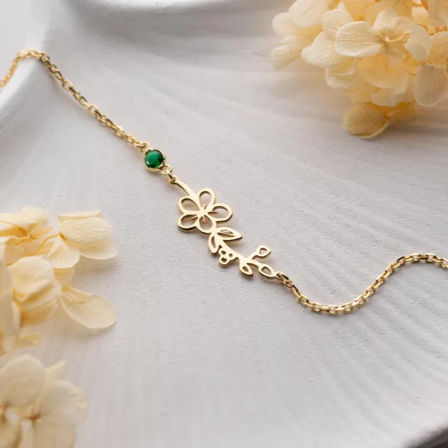Birth Flower Birthstone Bracelet with Initial Charm Custom Birth Month Flower Bracelet Gold May Bracelet for Mom June Alexandrite Bracelet