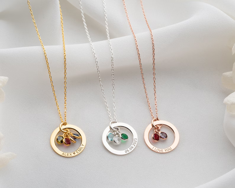 Personalized Gold Birthstone Necklace Women Name Necklace with Birthstone Circle Necklace Message Engraved on Circle Silver Engraved Jewelry