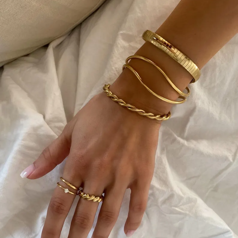 Gold Twist Rope Cuff Bracelet – 18K Gold Plated Bangle, Adjustable Stacking Bracelet, Two-Toned or Full Gold Gift for Her