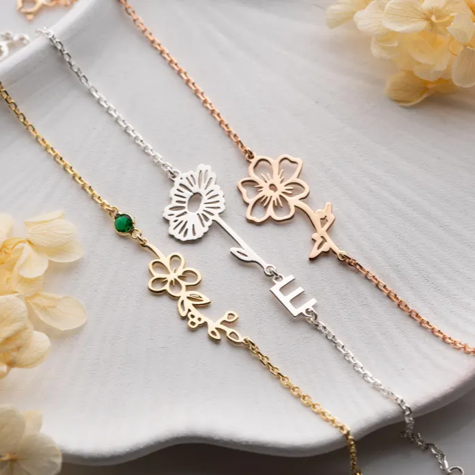 Birth Flower Birthstone Bracelet with Initial Charm Custom Birth Month Flower Bracelet Gold May Bracelet for Mom June Alexandrite Bracelet