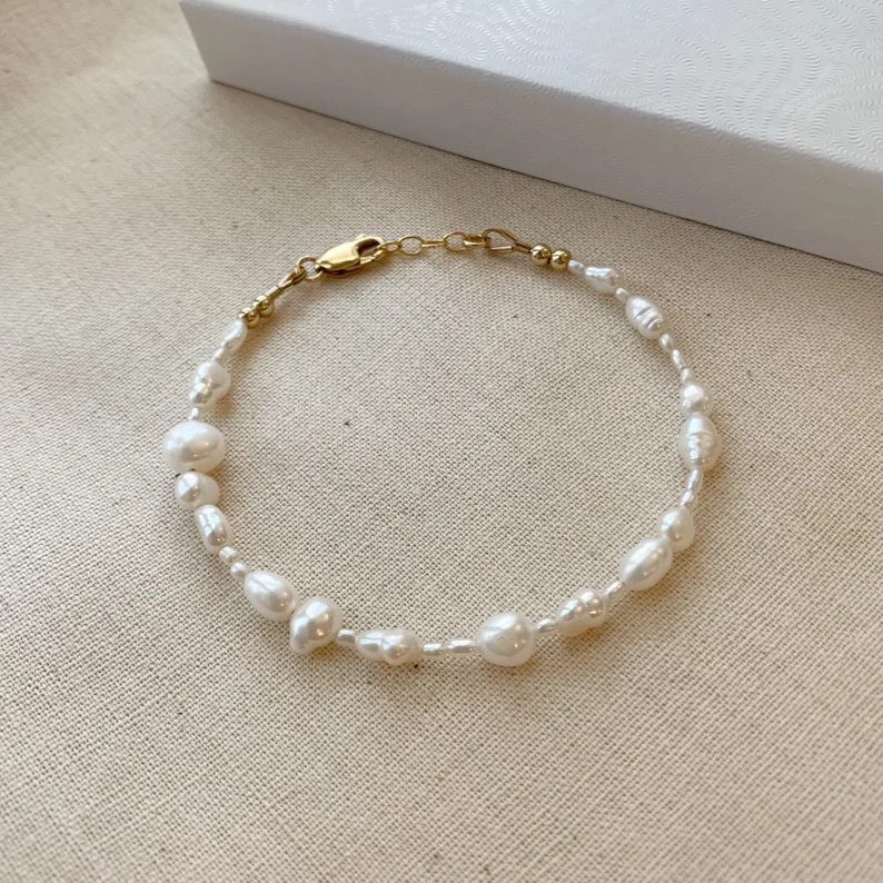 Freshwater Pearl Bracelet, 14K Gold Filled Dainty Mixed Pearl Bracelet, Natural Pearl Bracelet, MagBee Designs Irregular Pearl Bracelet