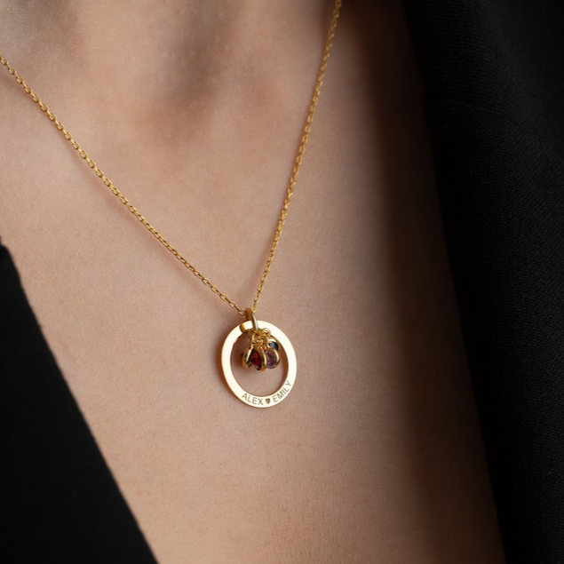 Personalized Gold Birthstone Necklace Women Name Necklace with Birthstone Circle Necklace Message Engraved on Circle Silver Engraved Jewelry