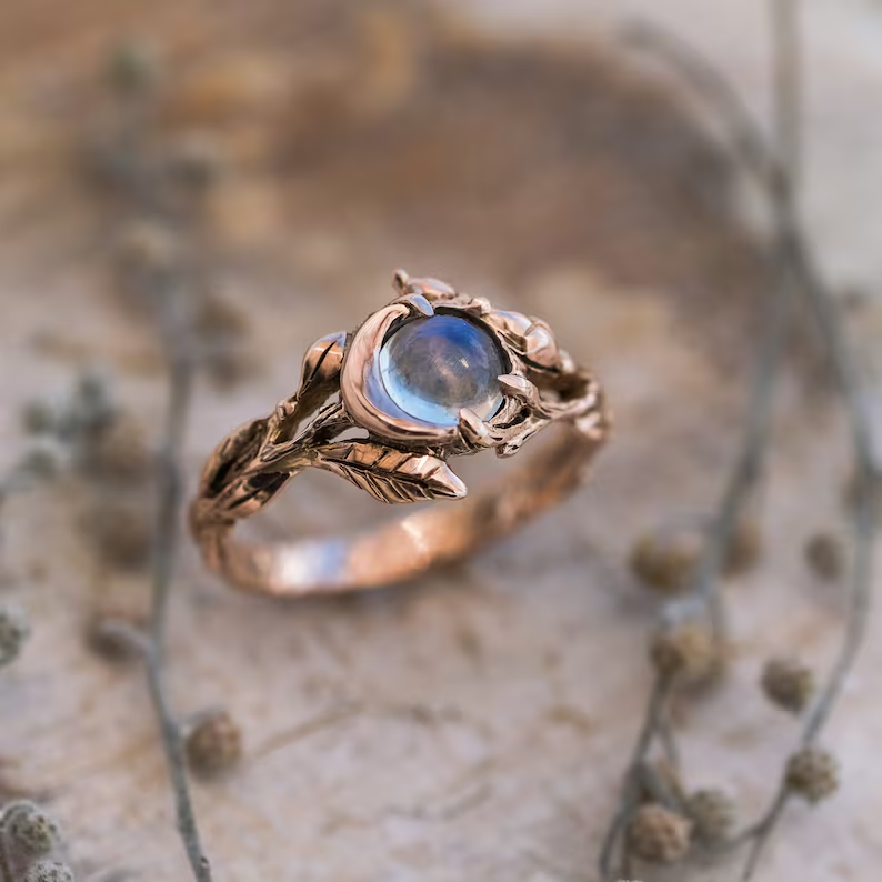 Rose Gold Ring “Luna” | Vintage Moon Phase Ring | Wedding Moonstone Engagement Ring 14K Solid Gold Promise Ring for Women 14k Gold Jewelry