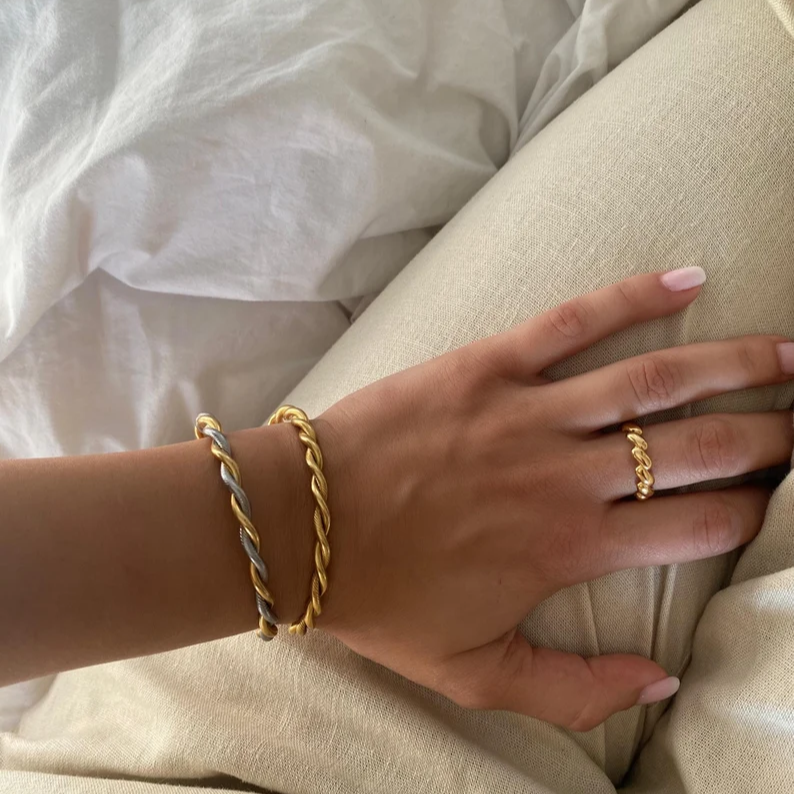 Gold Twist Rope Cuff Bracelet – 18K Gold Plated Bangle, Adjustable Stacking Bracelet, Two-Toned or Full Gold Gift for Her