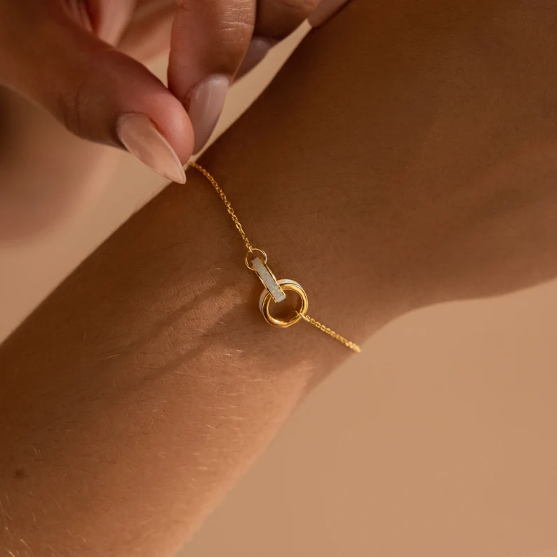 Interlocking Opal Bracelet by Caitlyn Minimalist • Dainty Infinity Charm Bracelet • Opal Inlay Jewelry • Gift for Girlfriend