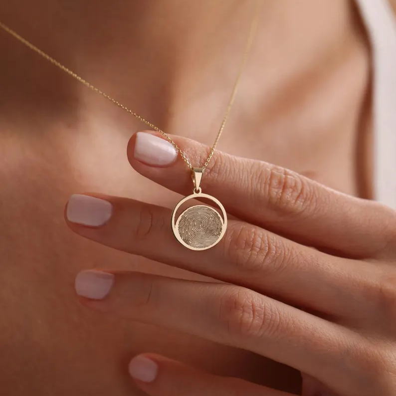 Solid Gold Fingerprint Necklace/Gold Round Fingerprint Necklace/Handmade Memorial Necklace / Memorial Gifts