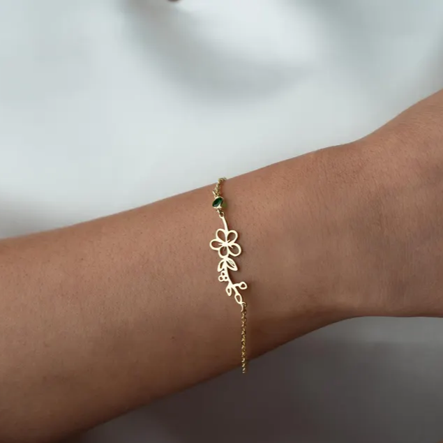 Birth Flower Birthstone Bracelet with Initial Charm Custom Birth Month Flower Bracelet Gold May Bracelet for Mom June Alexandrite Bracelet